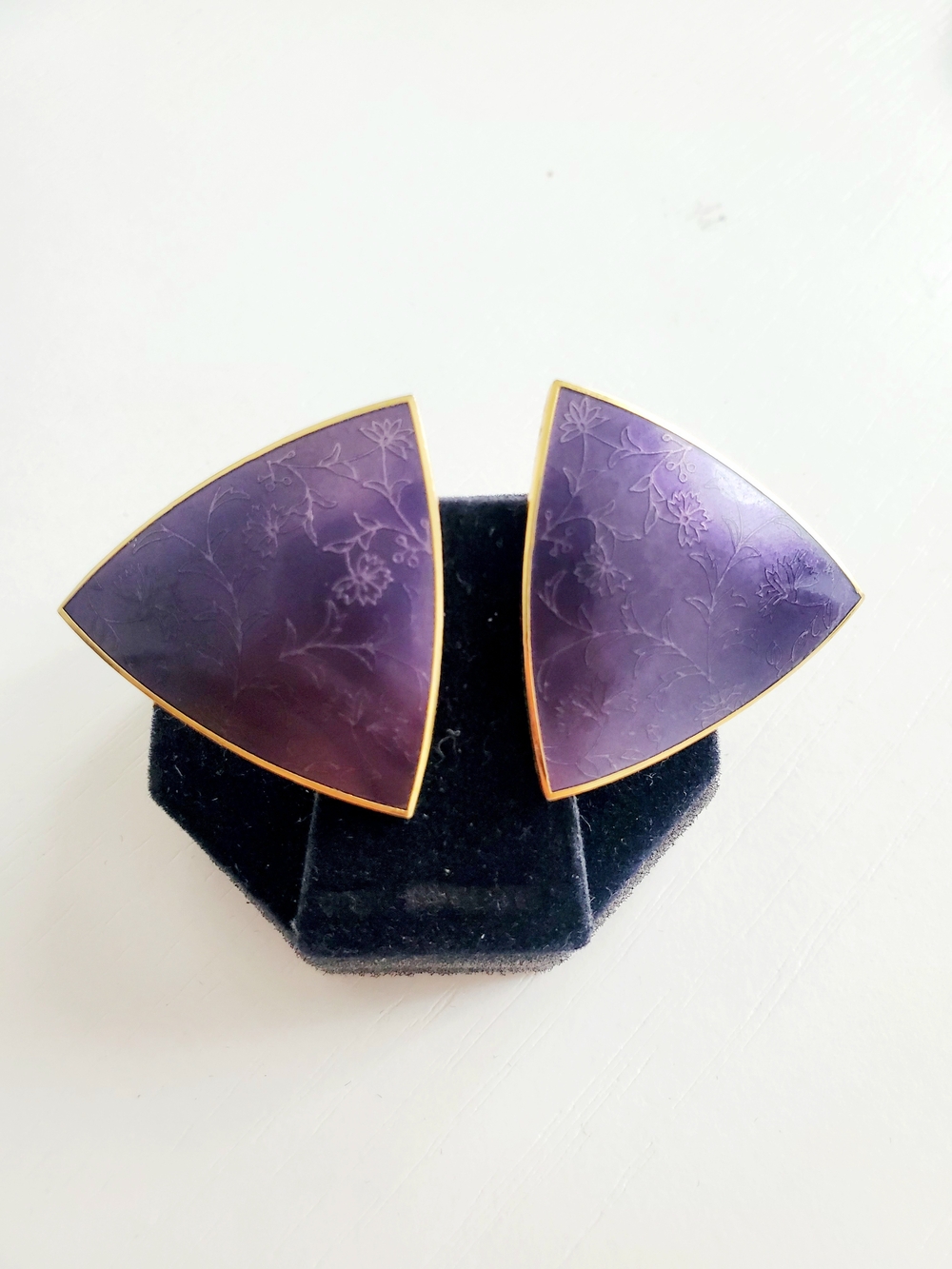 Gold-Trim Purple Floral Triangle Clip-On Earrings - 1980s
